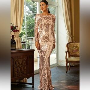 Glamorous Long Sleeve Sequin Dress in Rose Gold